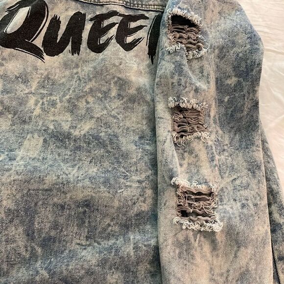 Thrill Acid Wash Long Duster Jean Jacket Womens Medium Graphic Print Distressed - Picture 11 of 12